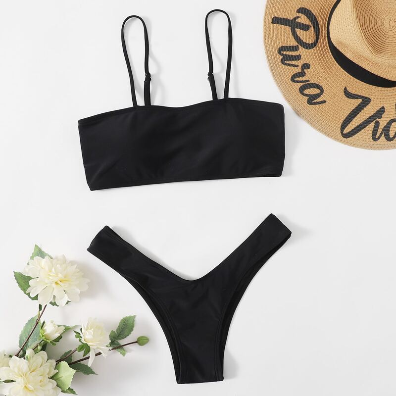

Solid High Cut Bikini Swimsuit, Black