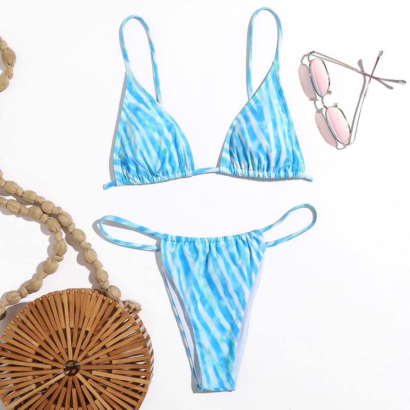 

Striped Thong Bikini Swimsuit, Mint blue