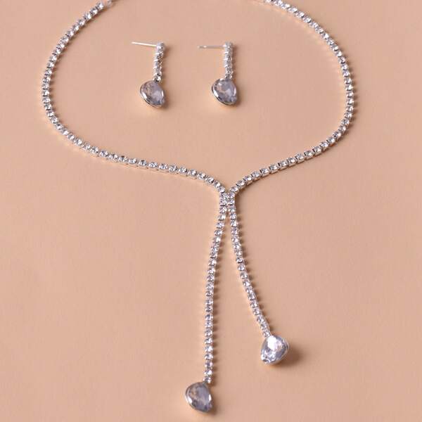 

1pc Rhinestone Decor Necklace & 1pair Drop Earrings, Silver
