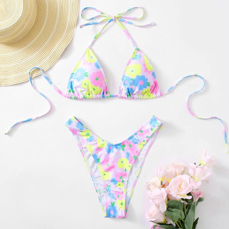

Flower Halter High Cut Bikini Swimsuit, Multicolor