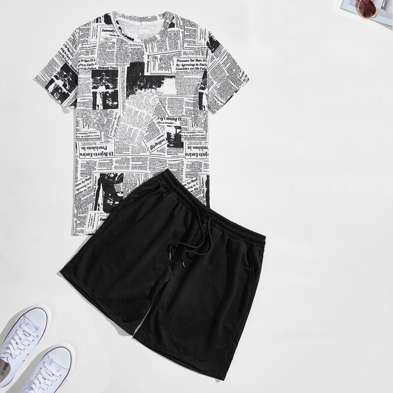 

Guys Newspaper Print Tee With Drawstring Track Shorts, Black and white