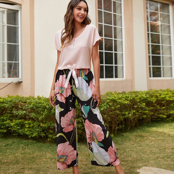 

Floral Print Bow Pajama Set, Multicolor