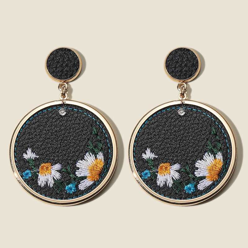 

Flower Embroidered Round Drop Earrings, Multicolor