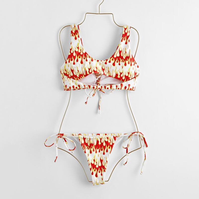 

Fire Print Cut Out Tie Side Bikini Swimsuit, Multicolor