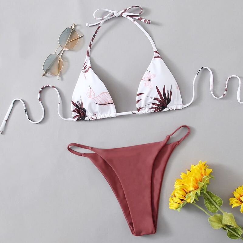 

Flower Tie Back Halter Thong Bikini Swimsuit, Multicolor