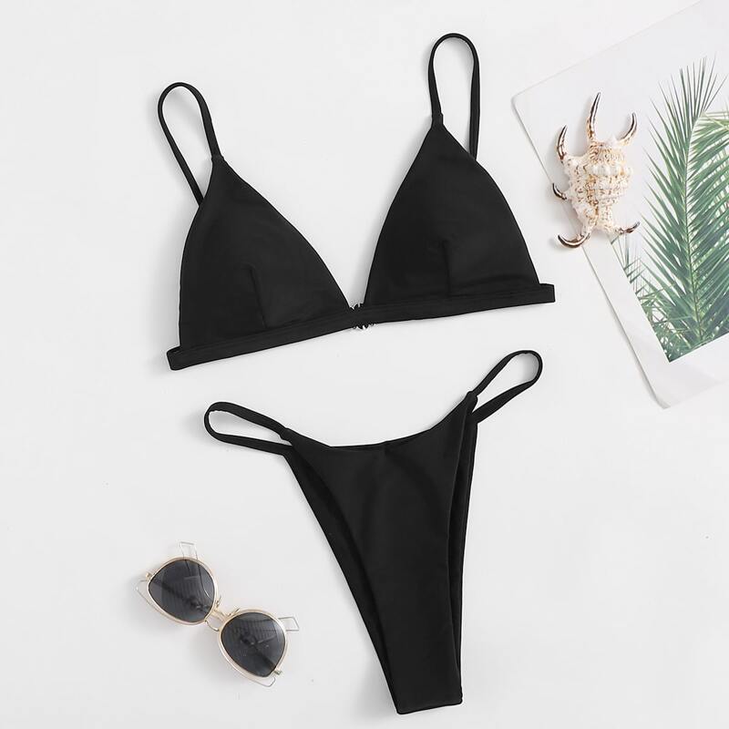 

Solid Triangle Thong Bikini Swimsuit, Black