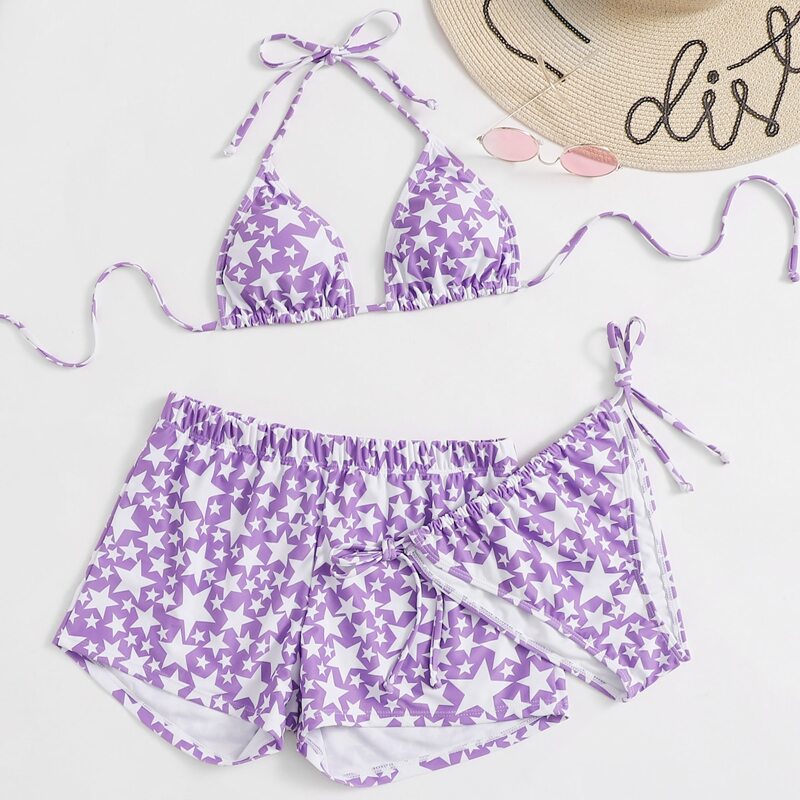 

Star Print Halter Tie Side Shorts Bikini Swimsuit, Multicolor