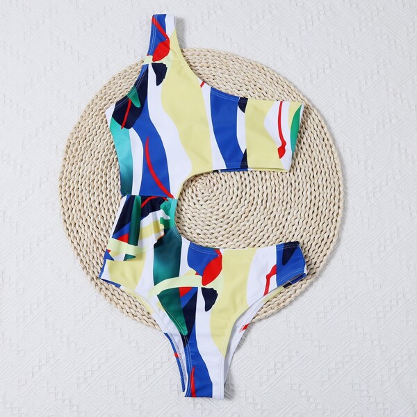 

Colorblock Cut-out One Shoulder One Piece Swimsuit, Multicolor