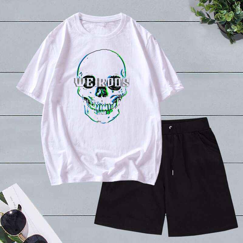 

Guys Skull & Letter Graphic Tee With Drawstring Shorts, Black and white