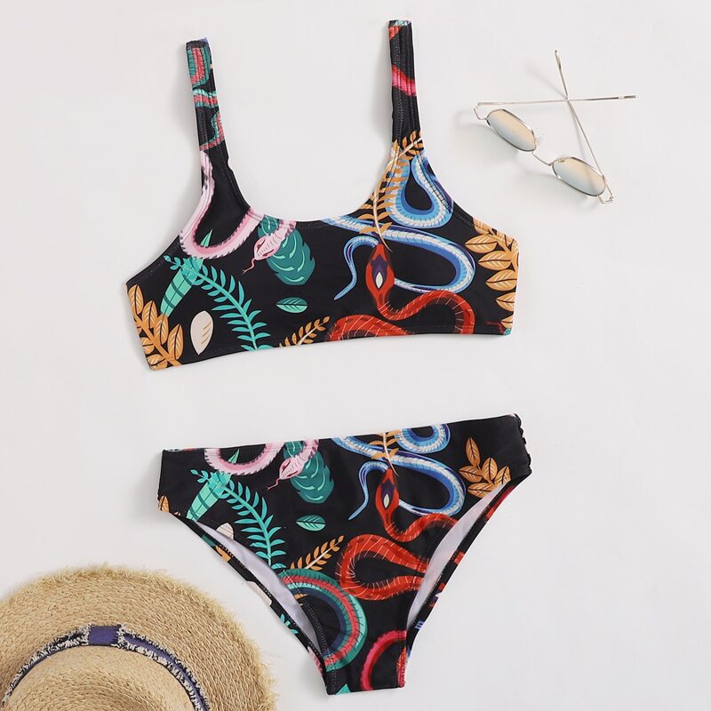 

Snake & Leaf Graphic Bikini Swimsuit, Multicolor
