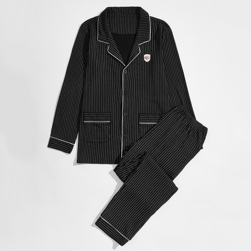 

Guys Striped Patched PJ Set, Black