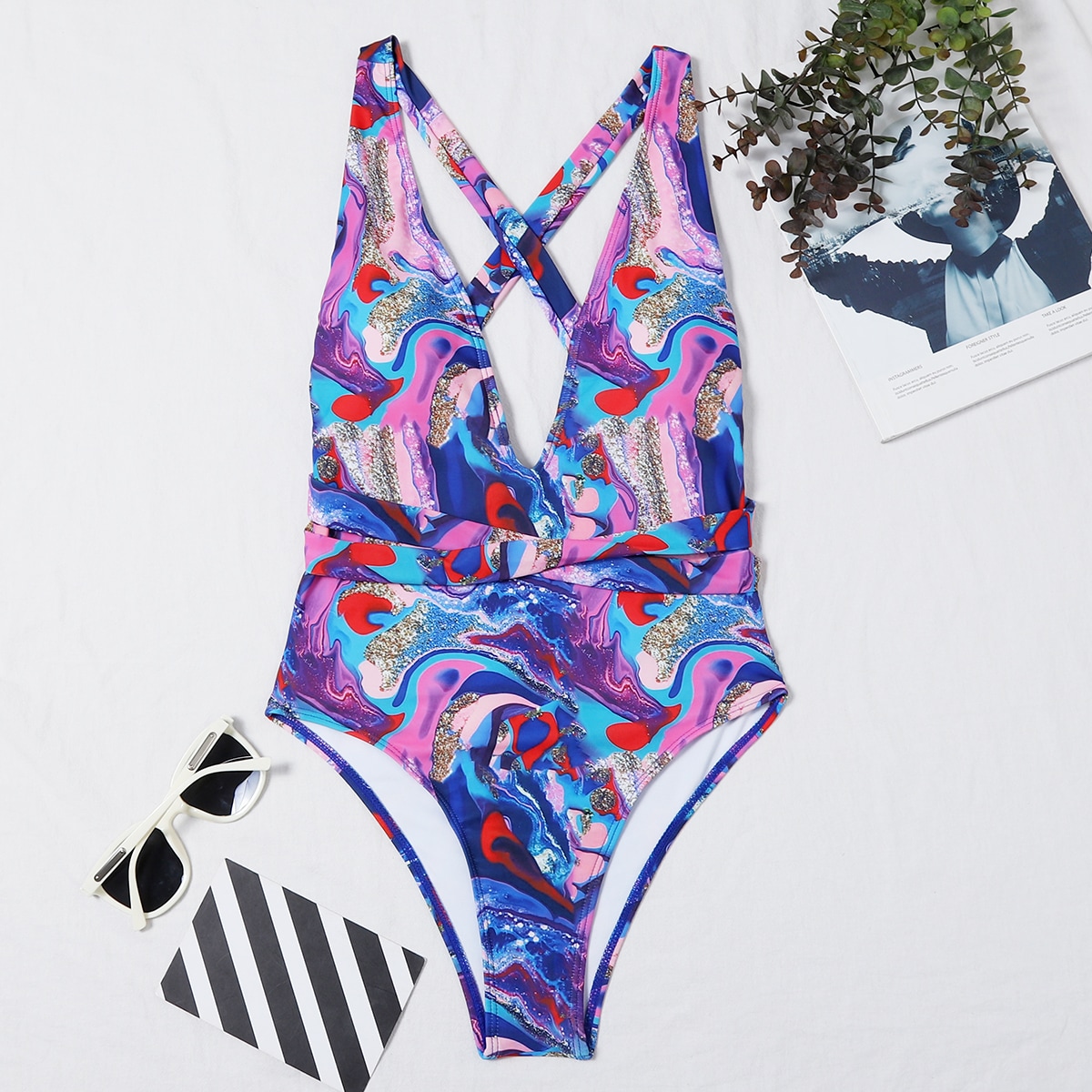 Image of Abstract Fluid Pattern Plunging One Piece Swimsuit
