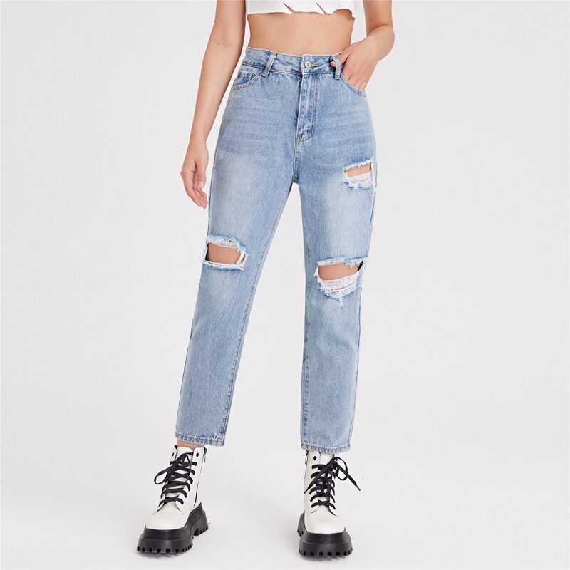 

High Waist Ripped Straight Leg Cropped Jeans, Light wash