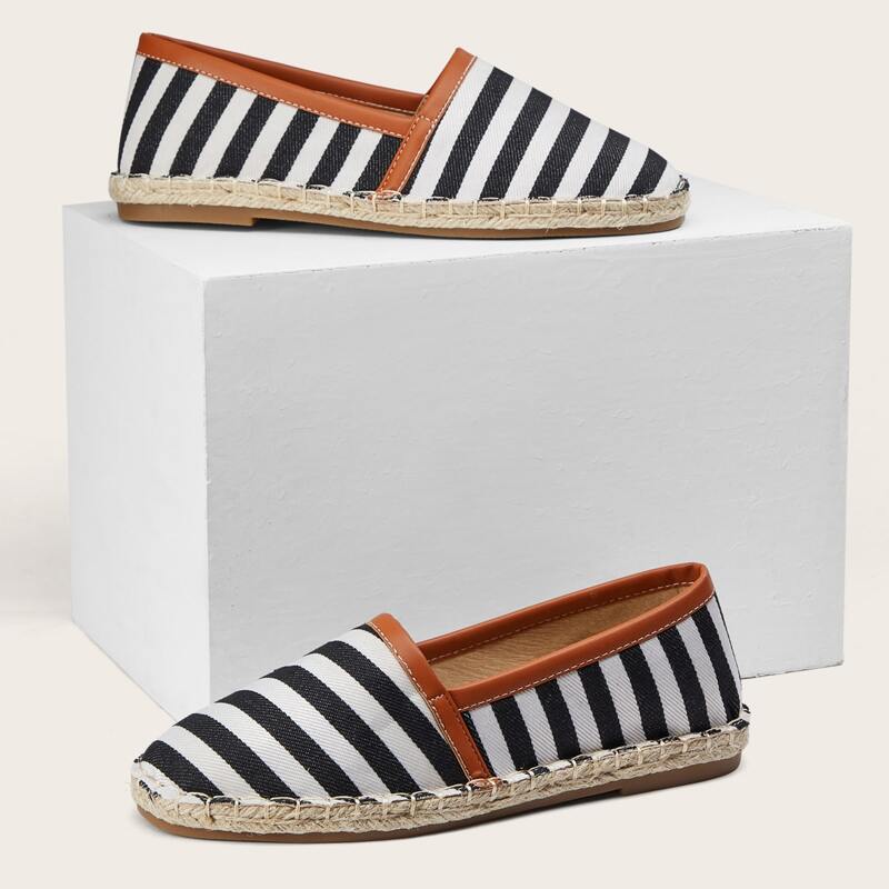 

Striped Pattern Espadrille Heeled Flats, Black and white