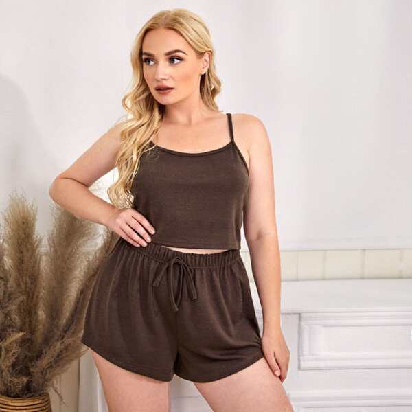 

Plus Cami Top With Knot Shorts Pajama Set, Chocolate brown