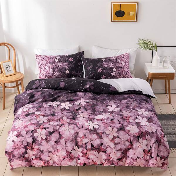 

Flower Print Duvet Cover Set Without Filler, Purple