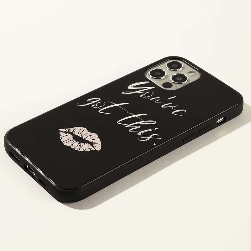 

Slogan & Lip Print iPhone Case, Black
