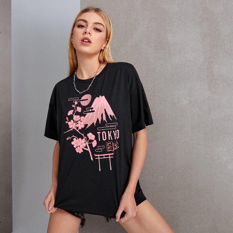

Letter Sakura Graphic Drop Shoulder Tee, Black
