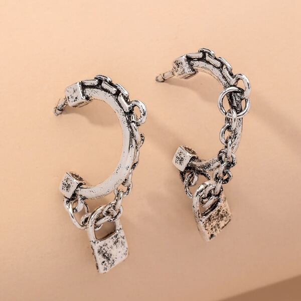 

Chain & Lock Decor Earrings, Antique silver