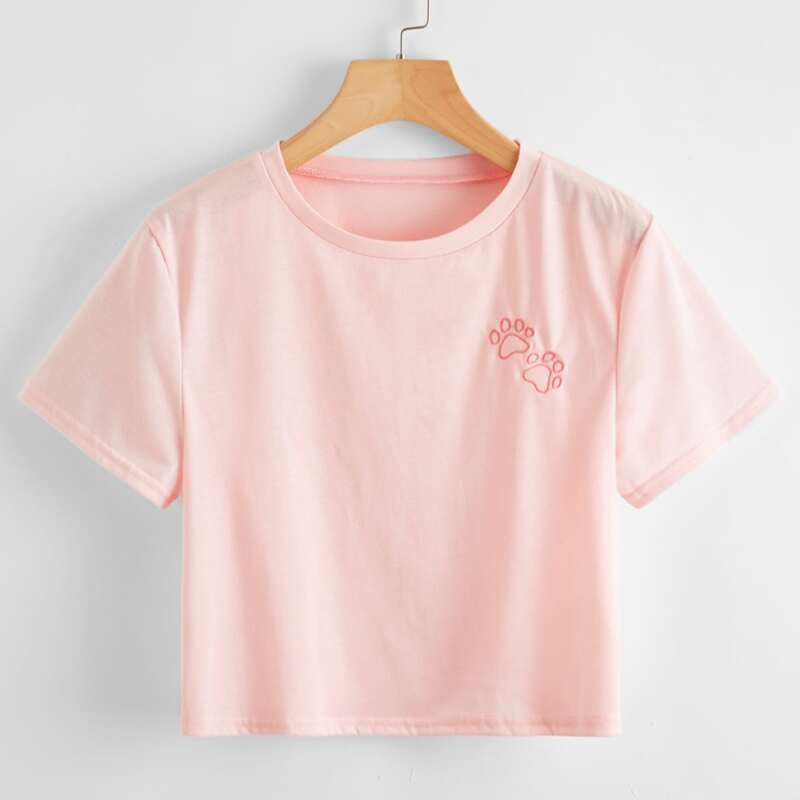 

Cat Paw Embroidery Crop Tee, Baby pink