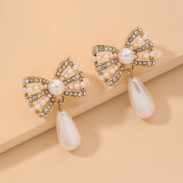 

Rhinestone Bow Knot Decor Faux Pearl Drop Earrings, Gold