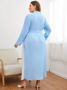 Modelyn Plus Shawl Collar Belted Spliced Dress - Blue and White - View 2