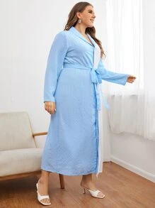 Modelyn Plus Shawl Collar Belted Spliced Dress - Blue and White - View 3
