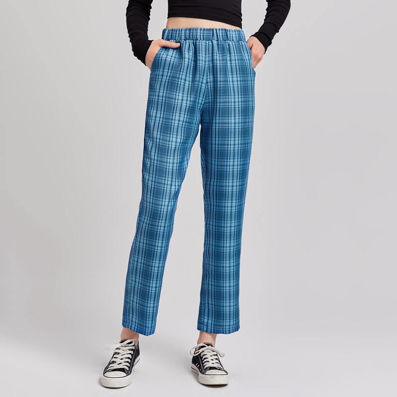 

Plaid High Waist Pants, Blue
