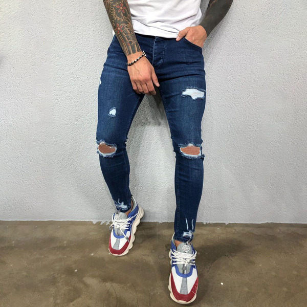 

Men Ripped Cut Out Skinny Jeans, Navy blue