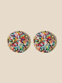 Colorful Round Bead Stud Earrings - Multicolor - View 2