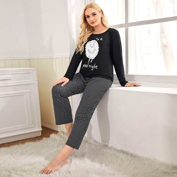 

Plus Sheep & Polka Dot Print PJ Set, Black