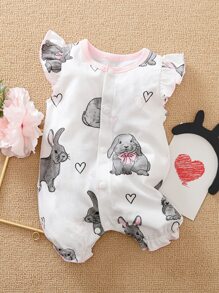 Yierying Baby Girl Ruffle Trim Cartoon Graphic Romper - White - View 1