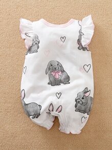 Yierying Baby Girl Ruffle Trim Cartoon Graphic Romper - White - View 2