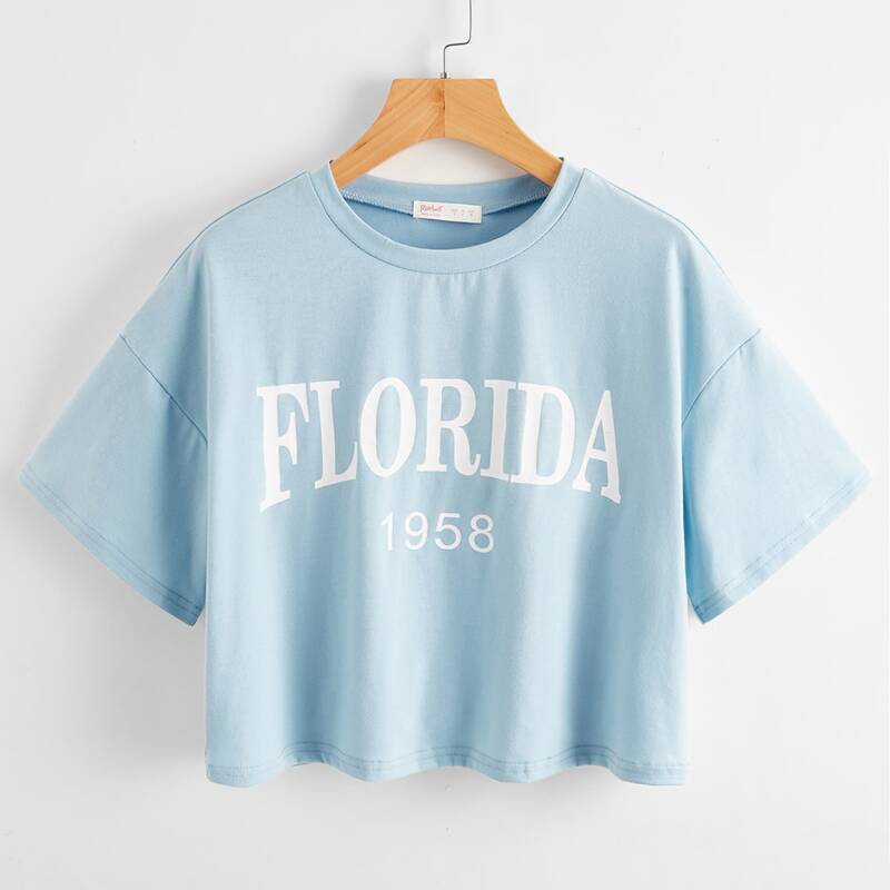 

Letter Drop Shoulder Crop Tee, Baby blue