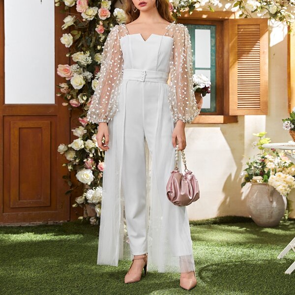 

Sheer Embroidery Mesh Lantern Sleeve Button Waist Jumpsuit With Dress, White