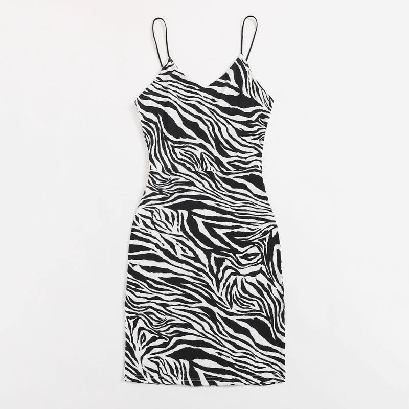 

Zebra Stripe Cami Bodycon Dress, Black and white