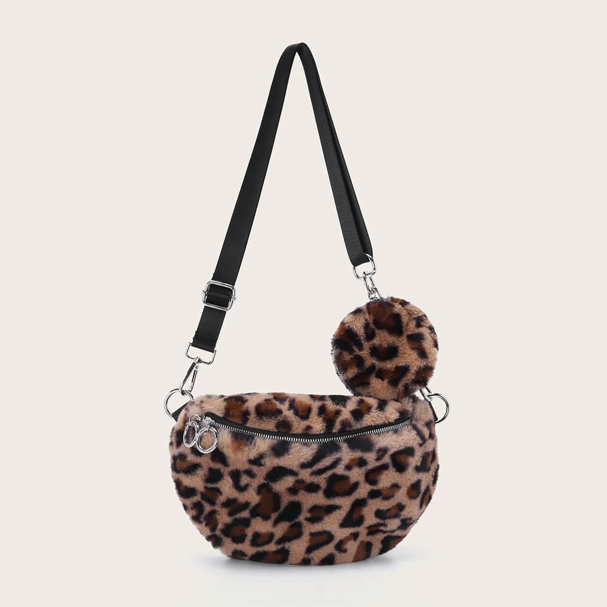 Image of Fluffy Leopard Pattern Bum Bag With Pouch
