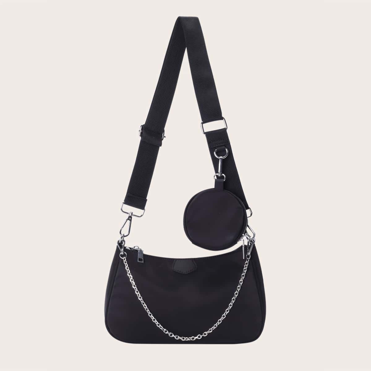 

Plain Chain Shoulder Bag With Pouch, Black