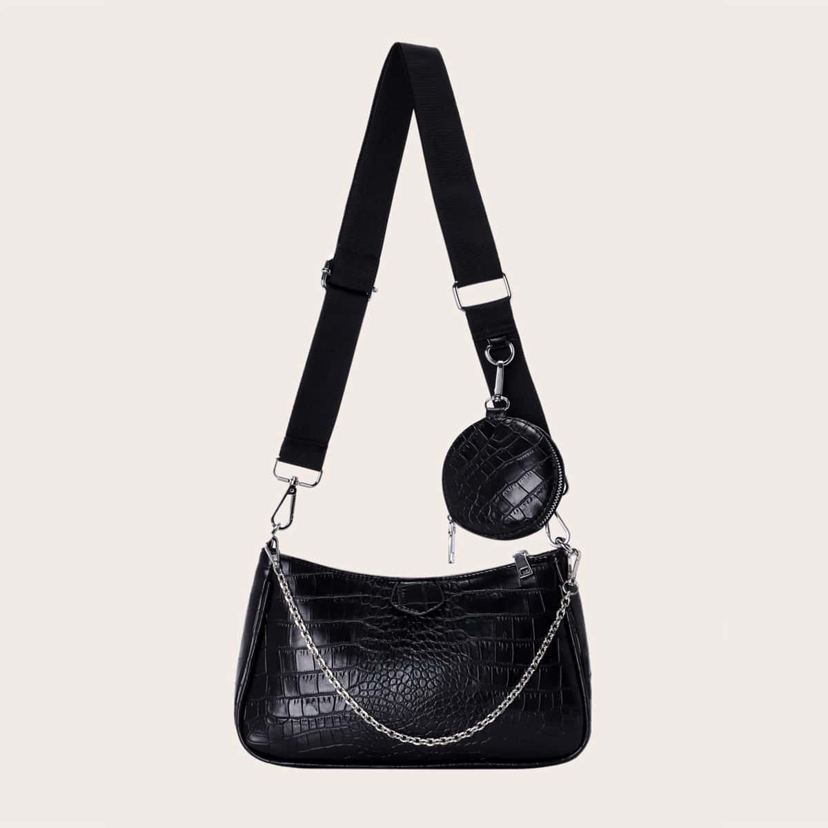 

Croc Embossed Shoulder Bag With Pouch, Black