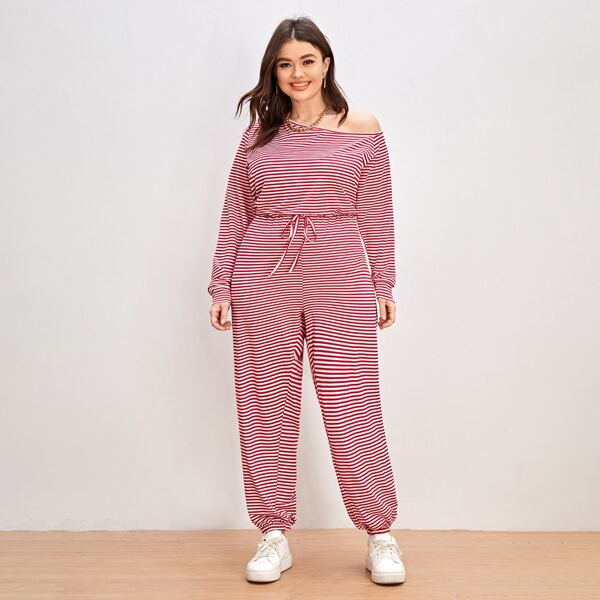 

Plus Striped Knot Asymmetrical Neck Jumpsuit, Red and white