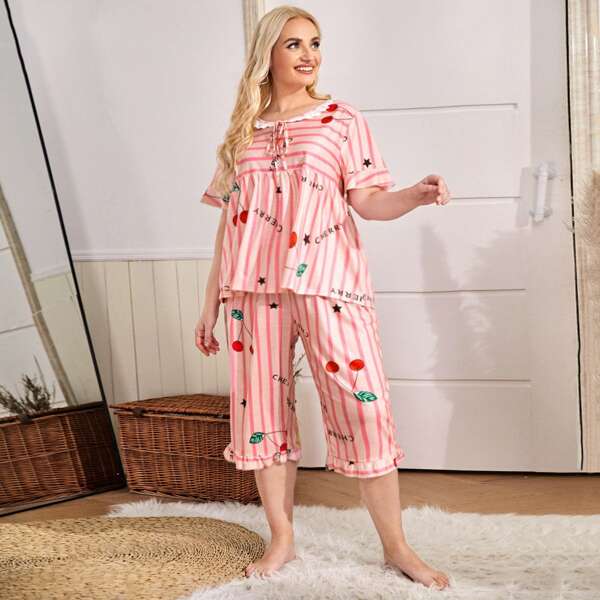 

Plus Striped Cherry Print Pajama Set, Pink
