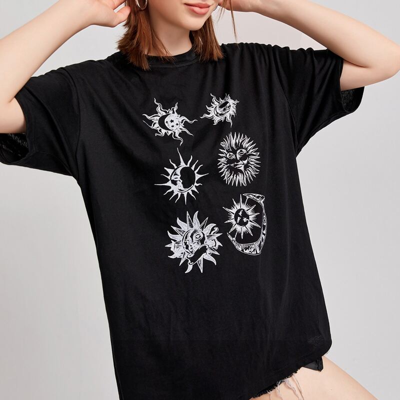 

Sun & Moon Graphic Oversized Tee, Black