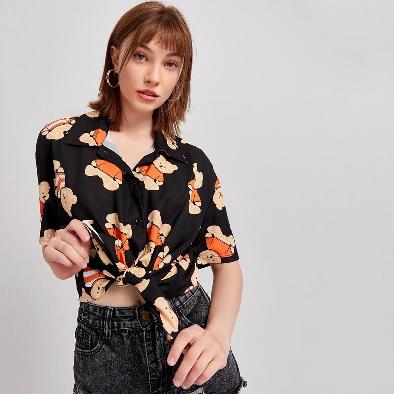 

Bear Print Button Front Blouse, Black