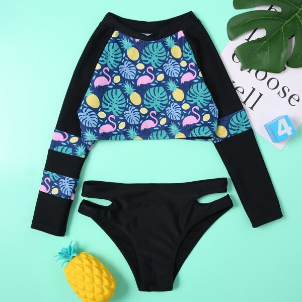 

Girls Tropical Cut-out Bikini Swimsuit, Multicolor