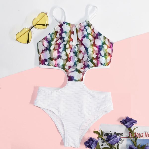 

Girls Glitter Decor Cut-out One Piece Swimsuit, Multicolor