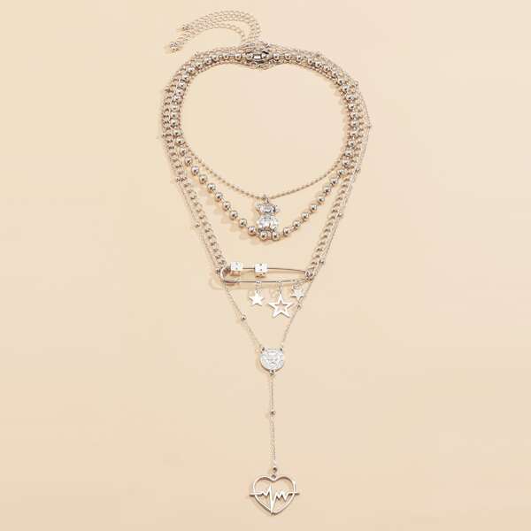 

4pcs Star Heart Charm Necklace, Silver