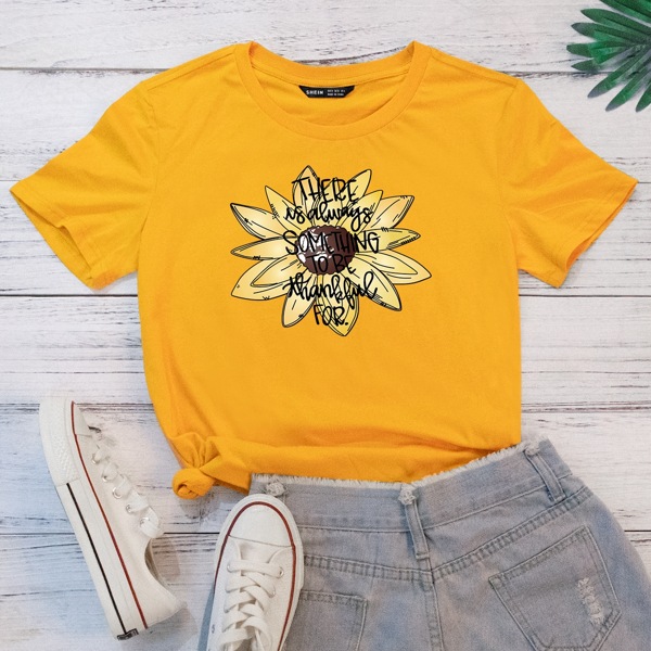 

Floral And Slogan Graphic Tee, Mustard yellow