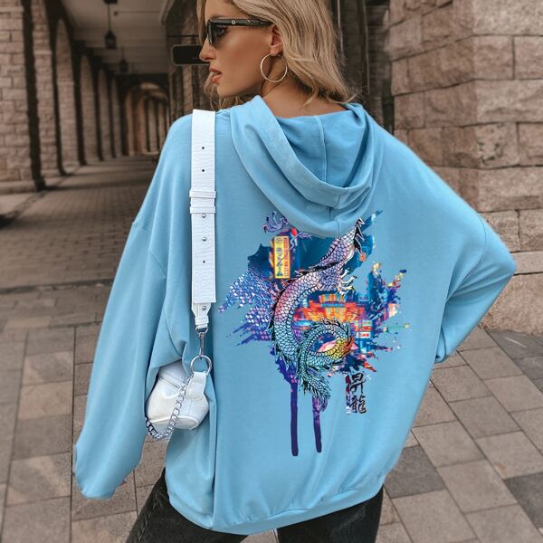 

Chinese Dragon Print Drawstring Hoodie, Baby blue