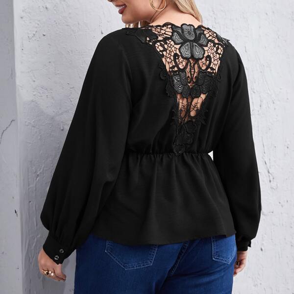 

Plus Contrast Lace Surplice Front Peplum Blouse, Black