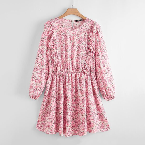

Plus Ditsy Floral Ruffle Trim Dress, Pink